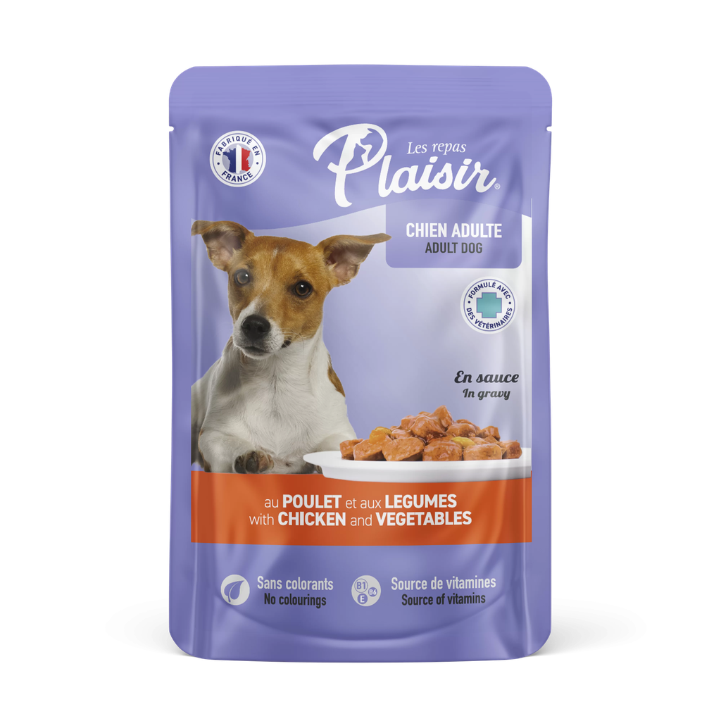 PLAISIR C TROZOS EN SALSA DE POLLO Y VERDURAS PERRO ADULTO 100gr