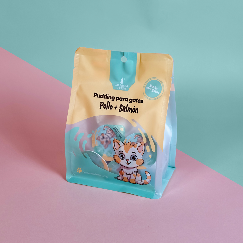CALABAZA PUDDING GATOS POLLO Y SALMON * 10 UND